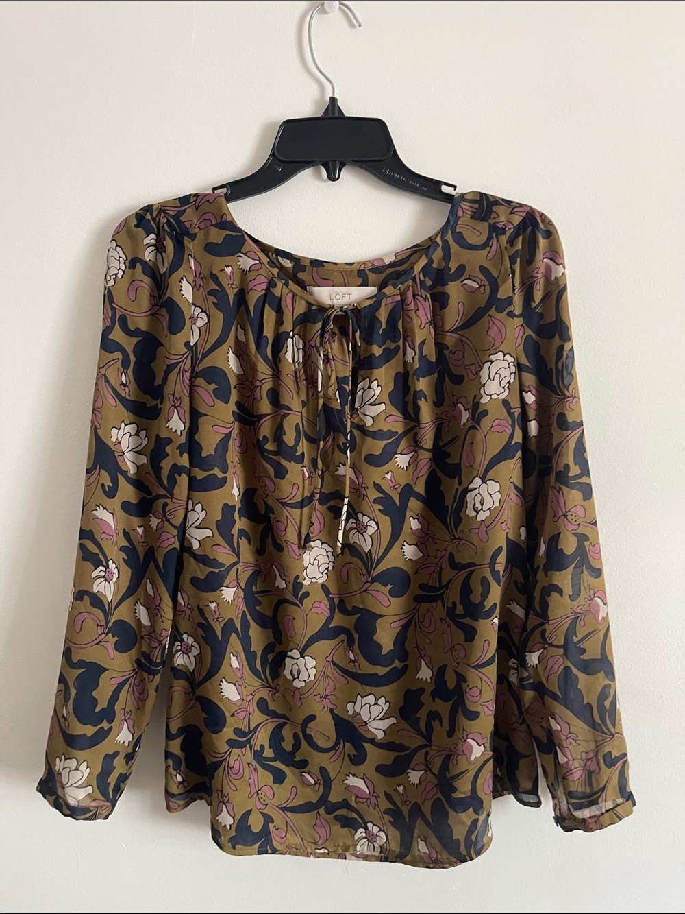 LOFT Olive Floral Tie-Neck Blouse with Pink and Cream Accents
